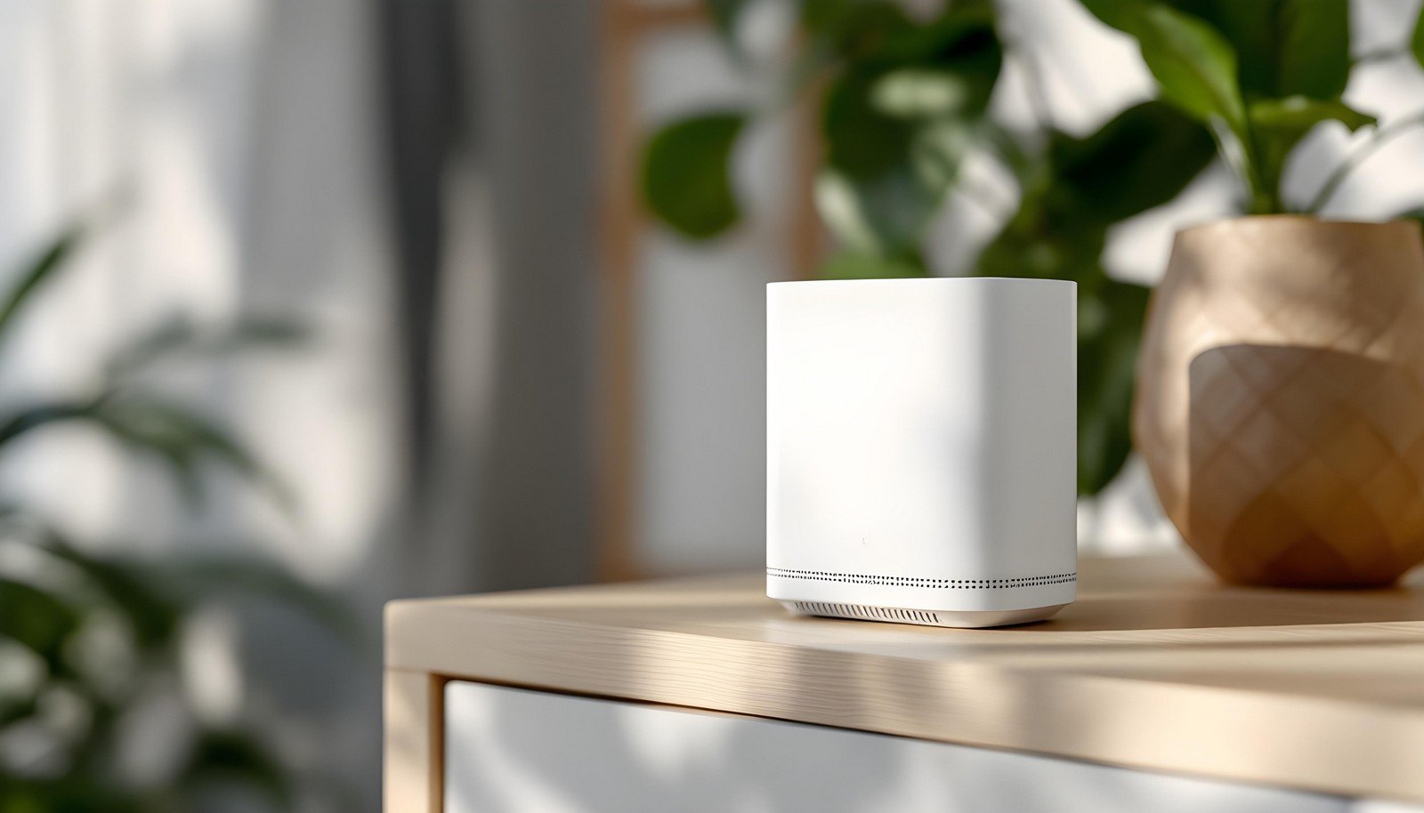 A sleek white mesh router placed on a modern wooden table, with a background featuring lush green indoor plants, symbolizing seamless connectivity in a stylish and natural environment.