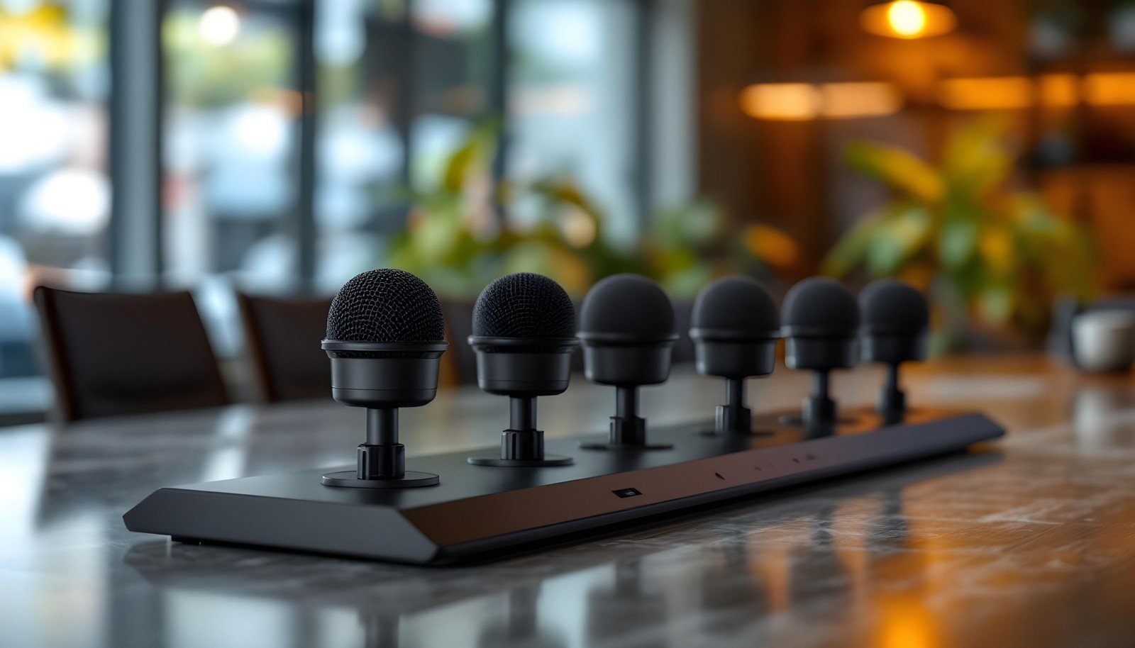 A modern microphone array setup with multiple directional microphones arranged in a sleek linear configuration on a table, surrounded by a contemporary office environment with blurred green plants and warm lighting in the background.