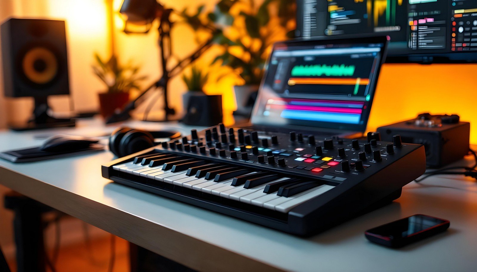 A modern music production setup featuring a MIDI Controller keyboard on a desk, surrounded by professional audio equipment and a digital audio workstation screen in the background.