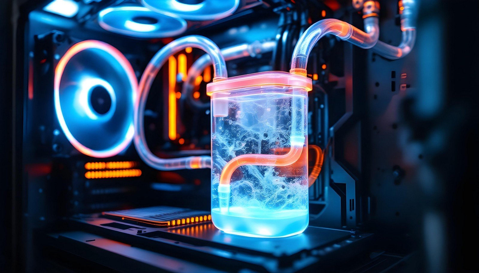 A close-up image of a liquid cooling system inside a computer case, featuring transparent tubes, a glowing coolant reservoir, and illuminated fans in a modern high-performance PC setup.