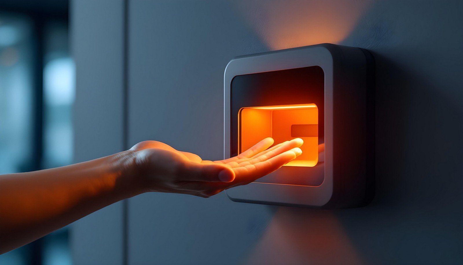 A close-up image of a person using a palm vein scanner, with a glowing orange light illuminating their palm for vein pattern recognition.