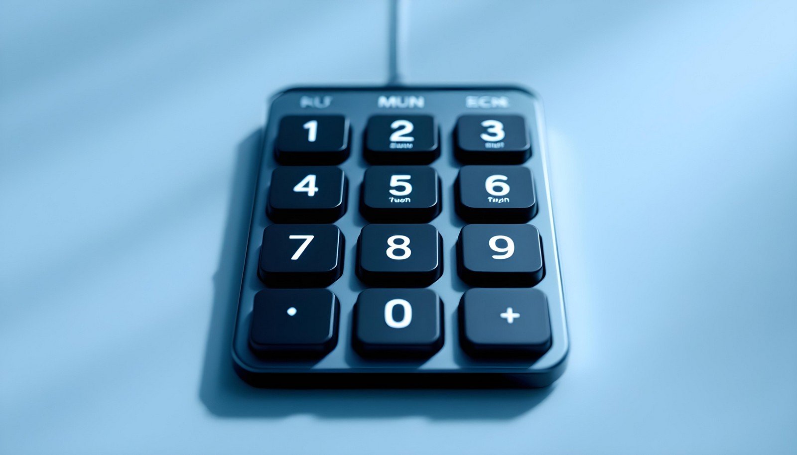 Close-up image of a sleek numeric keypad with a modern design, showcasing black keys with white symbols arranged in a grid for number entry and calculations.