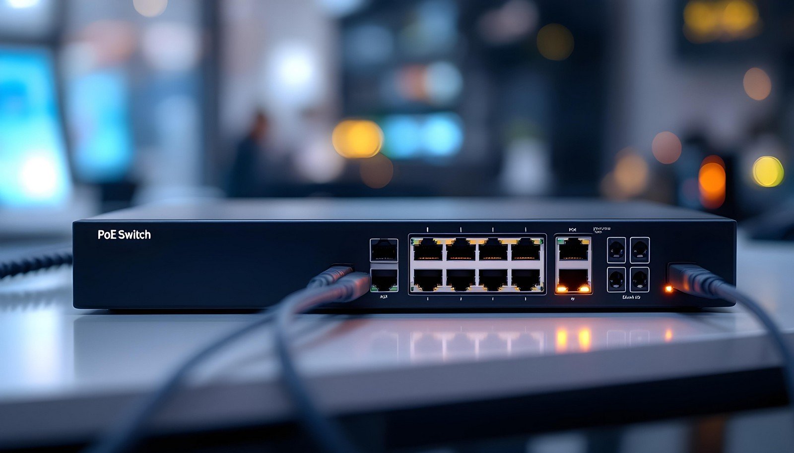 A sleek black PoE switch on a desk, with connected Ethernet cables glowing to indicate active connections, representing a modern networking device designed for efficient power and data delivery.