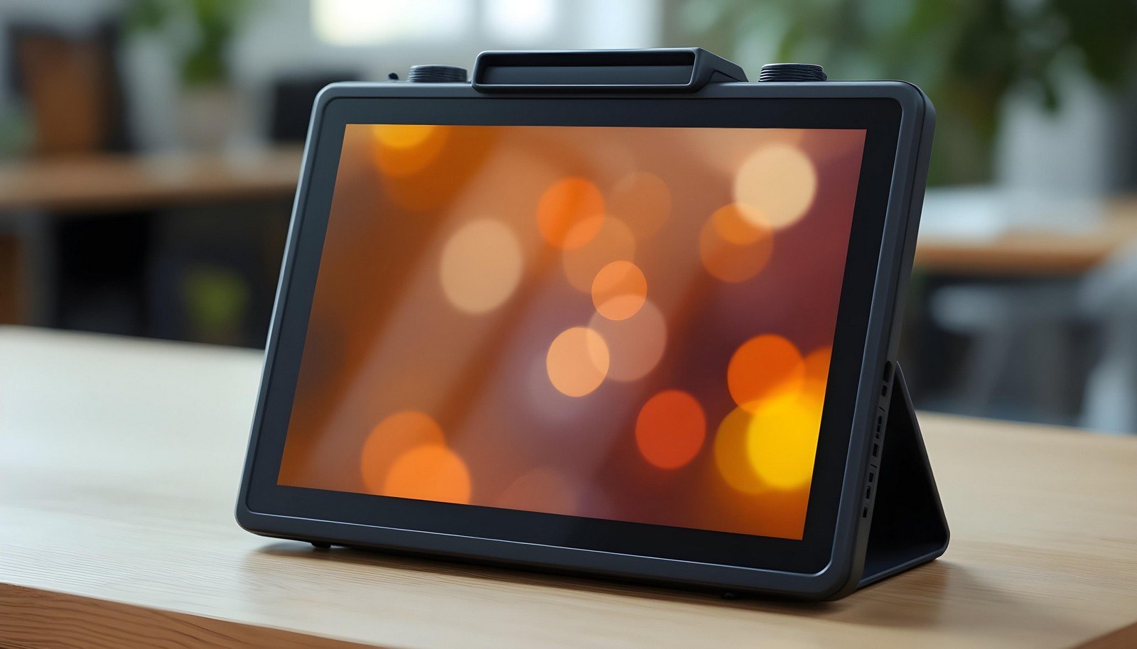 A sleek portable monitor with a vivid display showing blurred warm lights, set on a wooden desk in a modern workspace, highlighting its compact and stylish design.