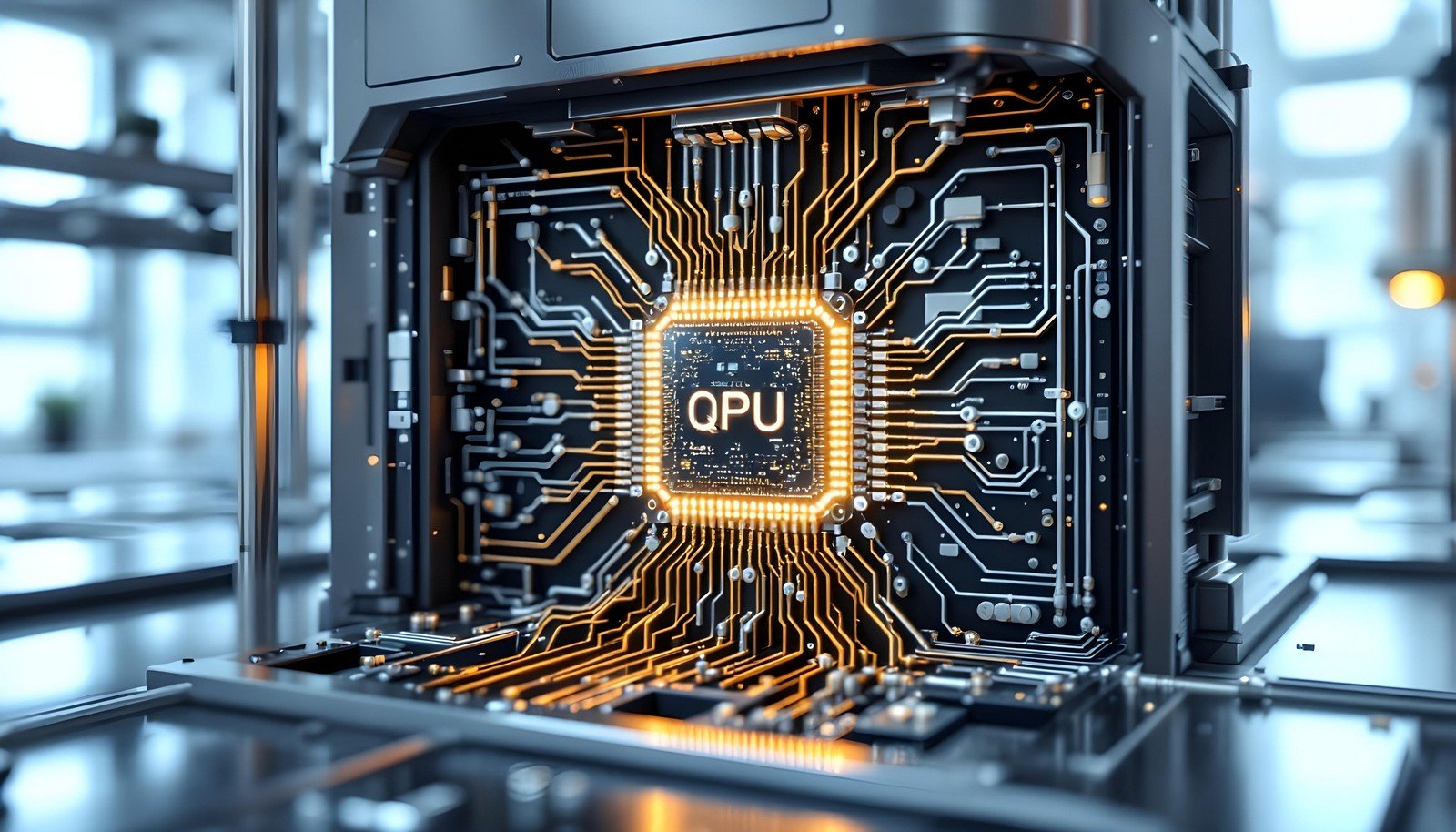 Image of a Quantum Processing Unit (QPU) showcasing intricate circuitry, glowing qubit pathways, and advanced quantum computing architecture, emphasizing cutting-edge technology.