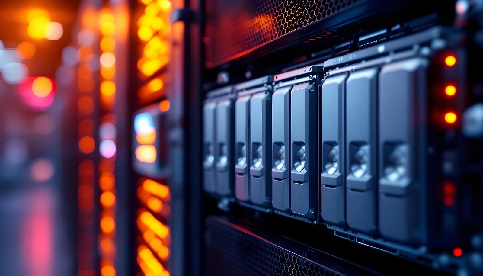 A close-up image of a server rack with glowing orange and blue indicators, showcasing modern data storage technology like RAID arrays.