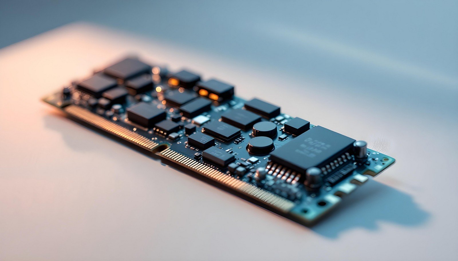 A close-up image of an NVDIMM module showing its intricate circuits and components, illustrating the advanced technology behind non-volatile memory systems.