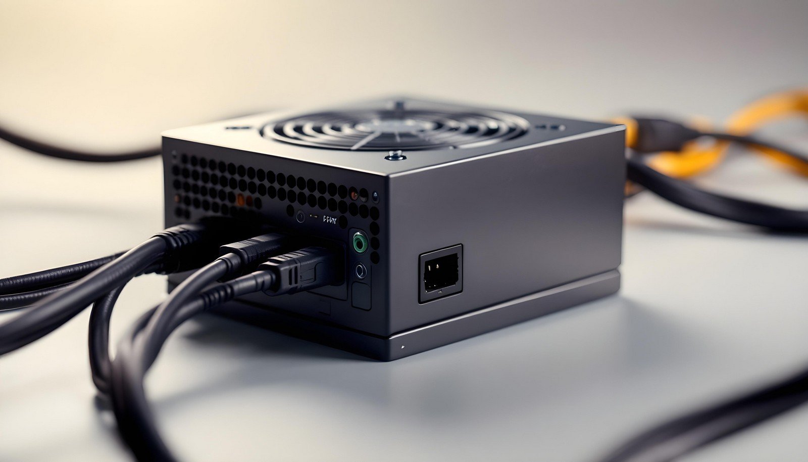 A close-up view of a modern PC SMPS (Switch Mode Power Supply) unit with multiple connected cables, showcasing its sleek design and essential power output functionality for computer hardware.