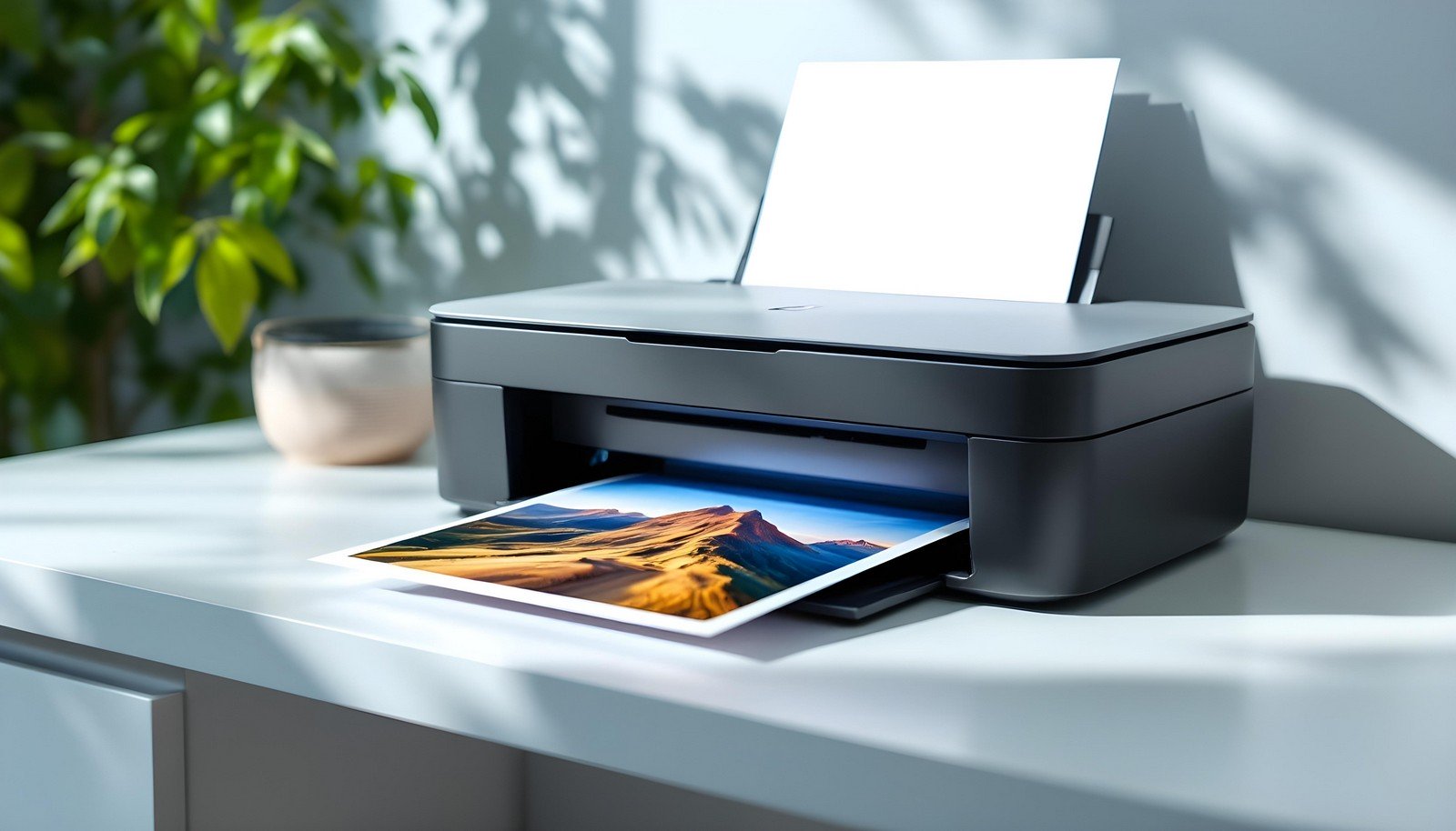 A modern photo printer on a white desk, printing a vibrant photo of a scenic landscape with mountains, under soft natural light with greenery in the background.