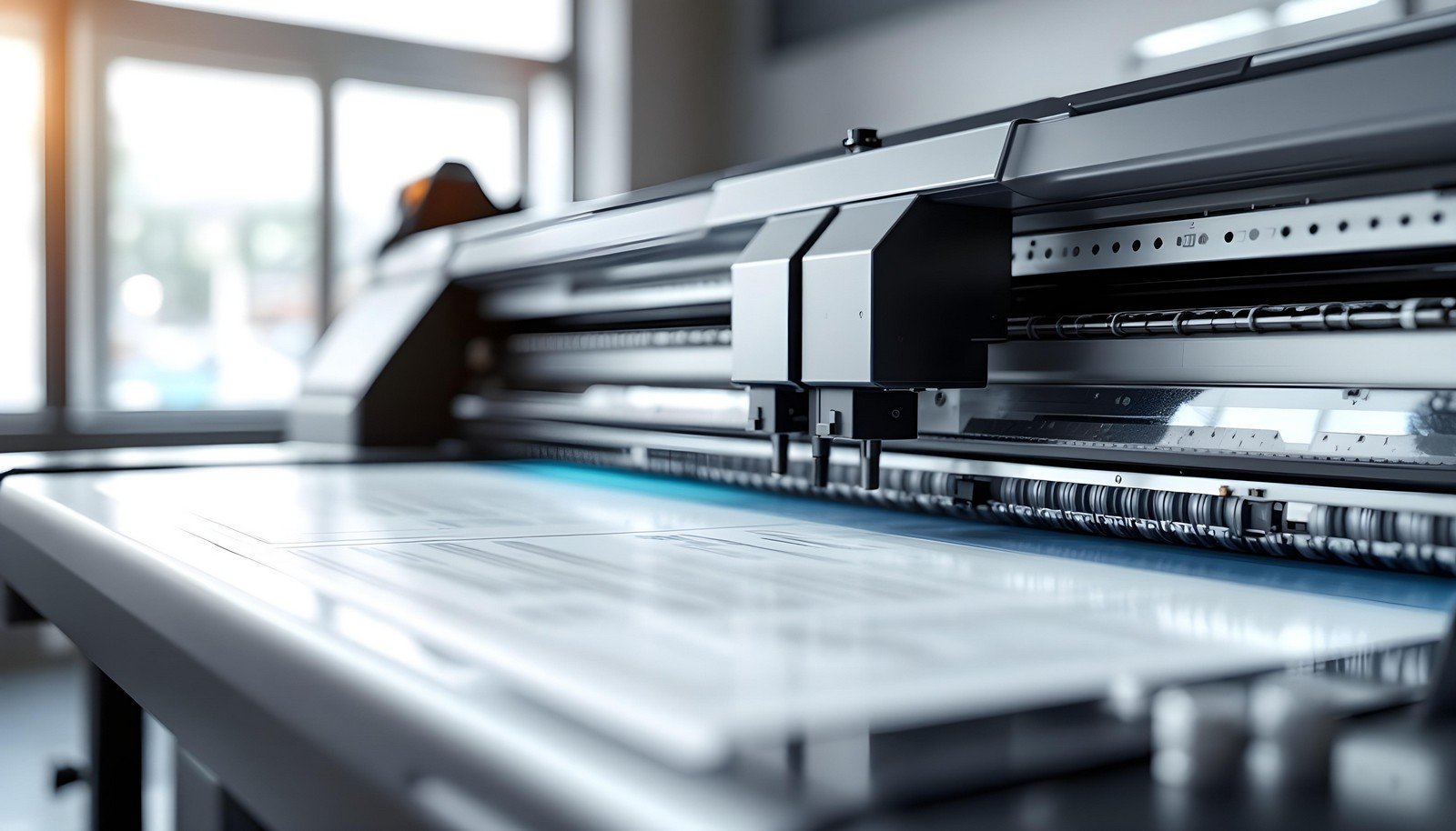 Close-up of a modern plotter device in action, creating detailed designs on a large sheet of paper in a well-lit office environment.