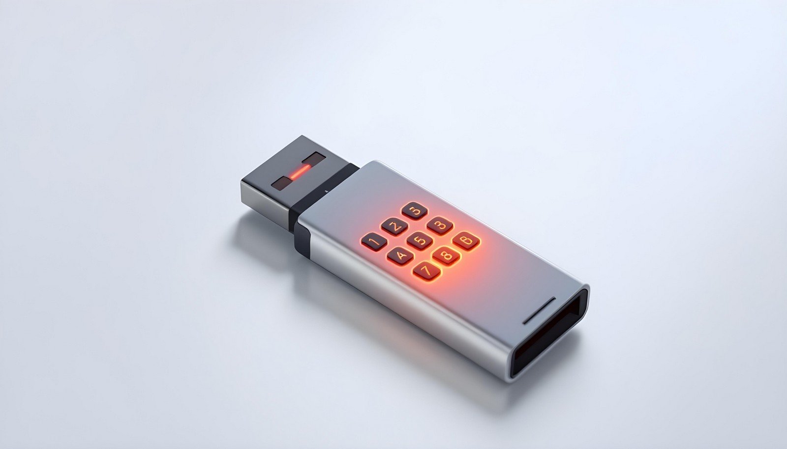 A secure USB drive with a glowing numeric keypad for password input, showcasing advanced data protection features.