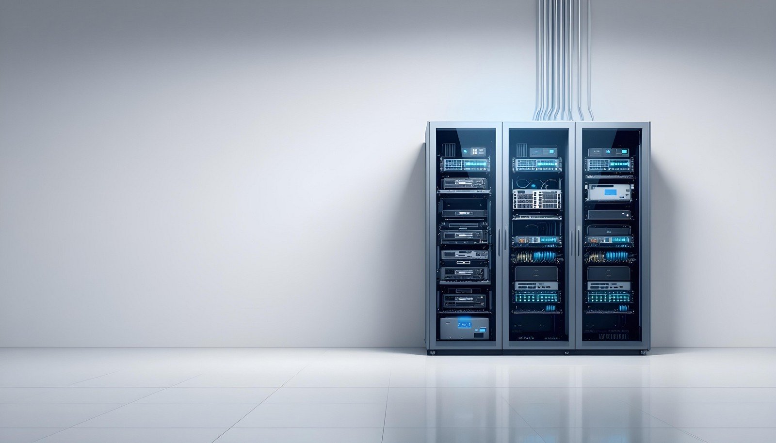 A modern data center server rack setup with neatly arranged servers and networking equipment, illustrating efficient hardware organization and cable management. The image showcases optimal layout and design in a clean, minimalist environment.