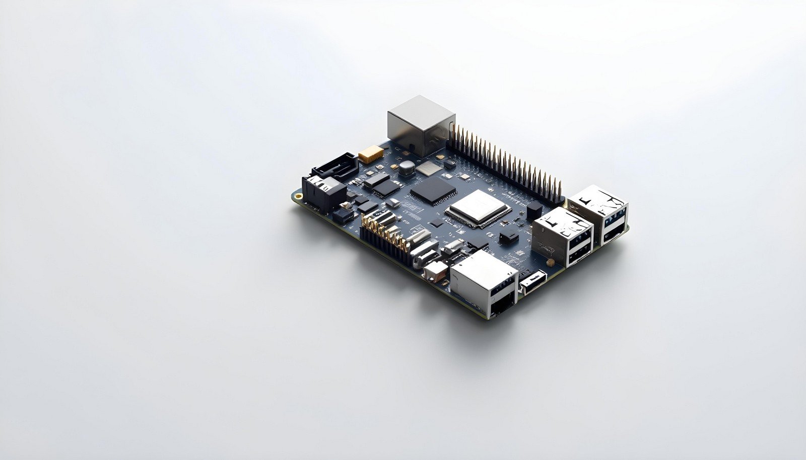 A high-resolution image of a single-board computer showcasing its compact design and integrated components, including USB ports, GPIO pins, and processing units, ideal for IoT, robotics, and DIY projects.