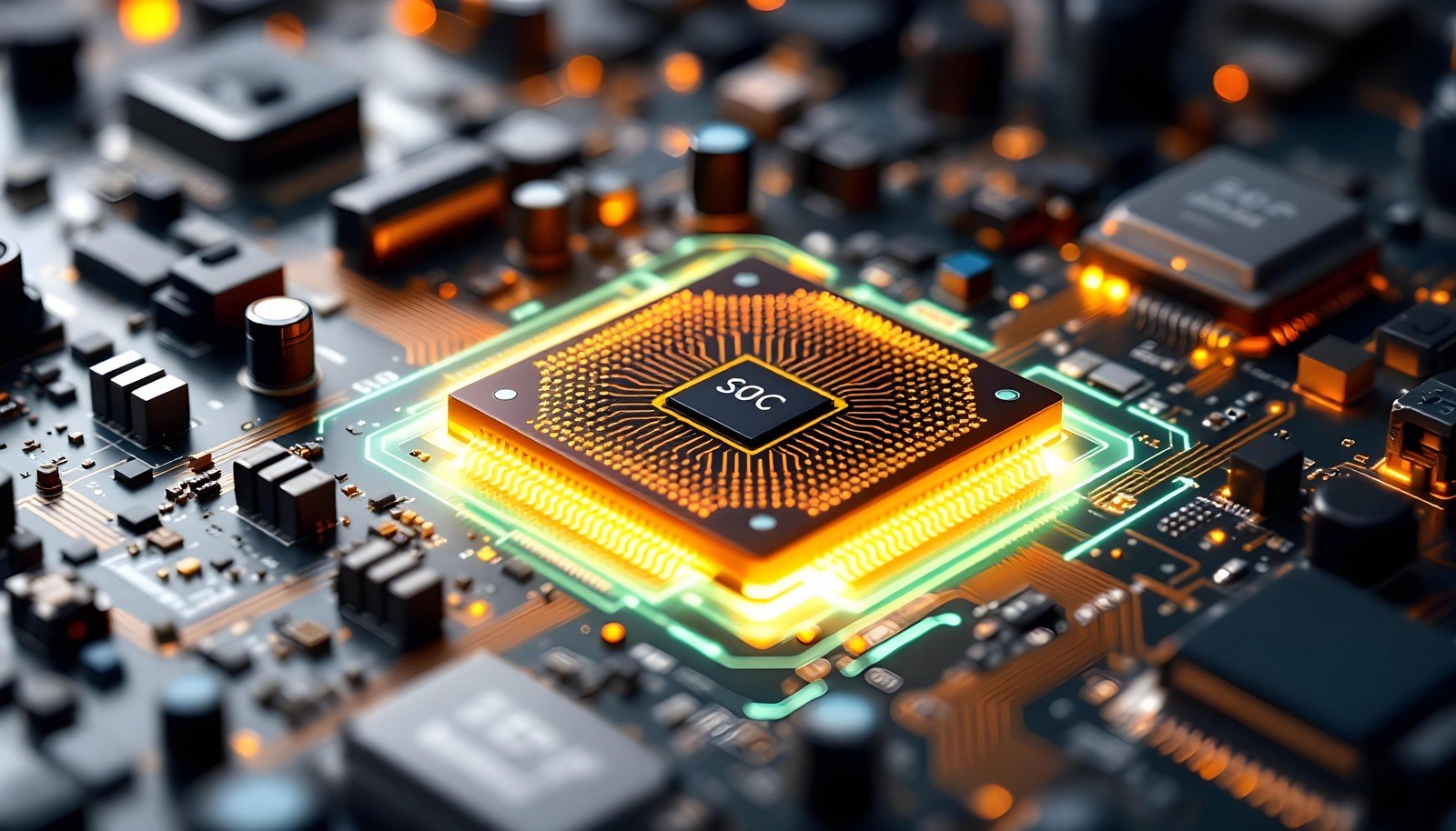 Close-up of a System-on-Chip (SoC) on a printed circuit board, showcasing integrated circuitry with glowing connections. Perfectly illustrates modern microelectronics and the compact design of SoC technology.