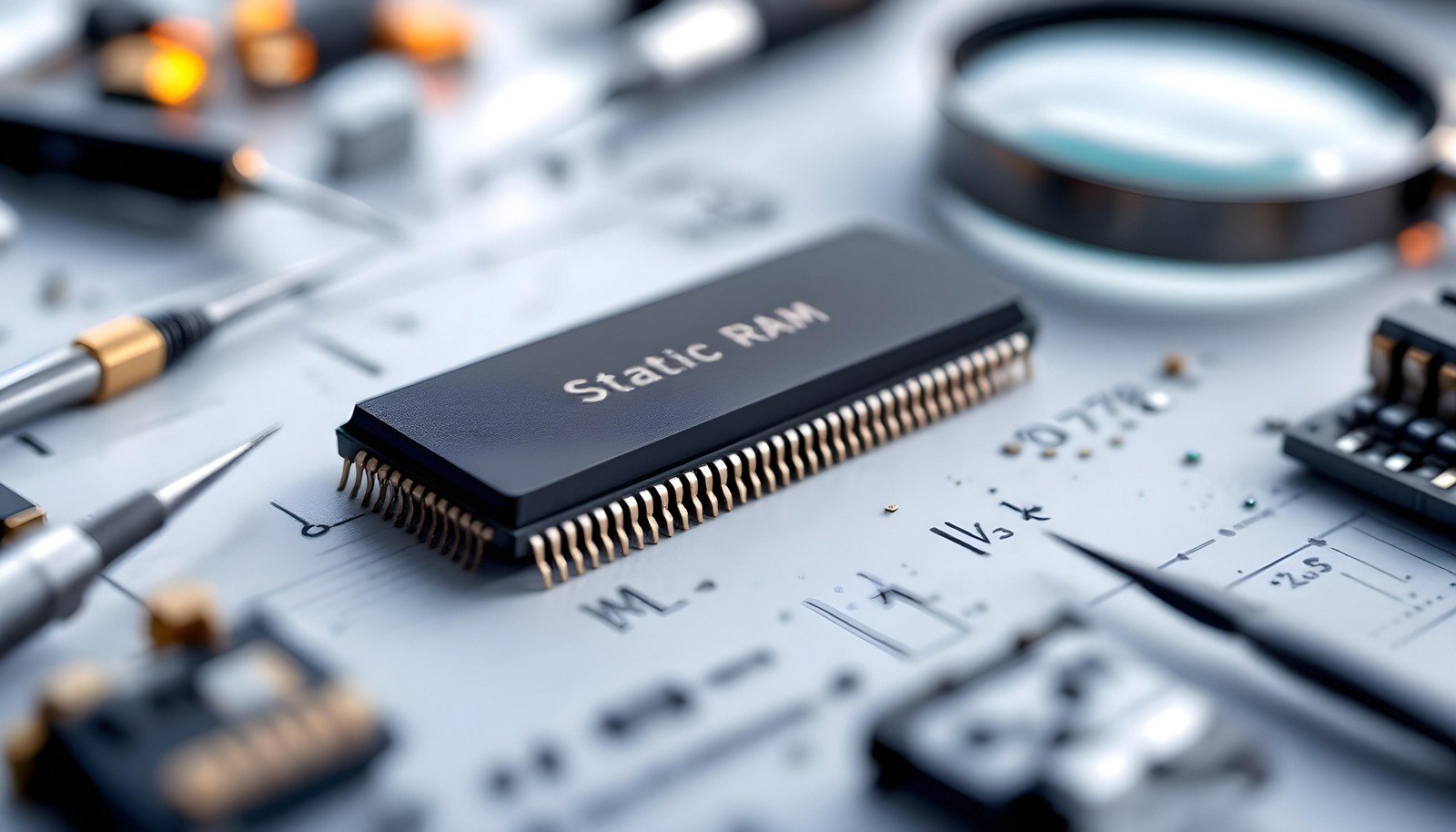 Close-up image of a Static RAM (SRAM) chip placed on an electronic circuit board, surrounded by components and tools, symbolizing its integration in computing and embedded systems.