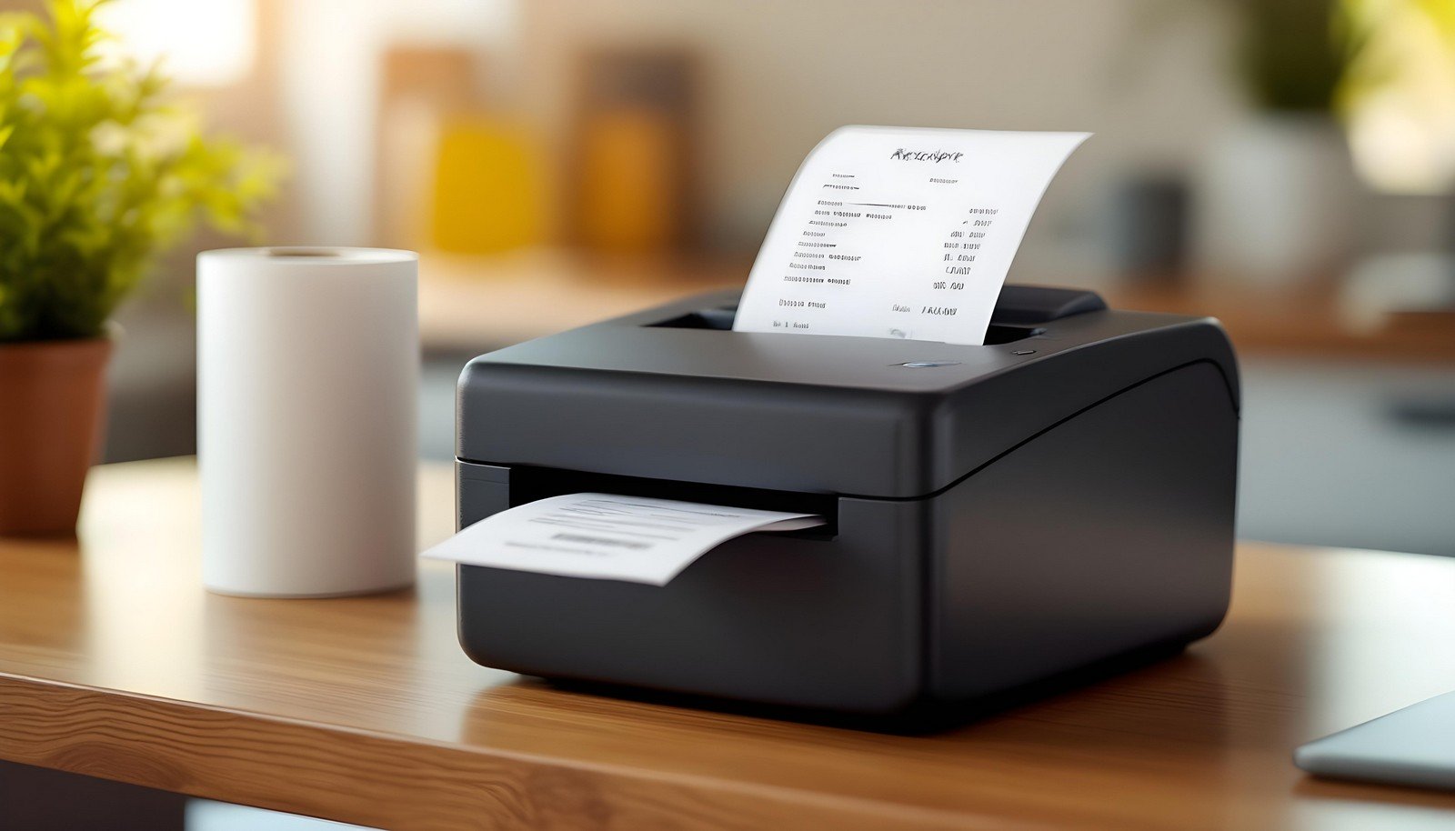 A thermal printer placed on a wooden desk, actively printing a receipt, with a roll of thermal paper visible in the background.