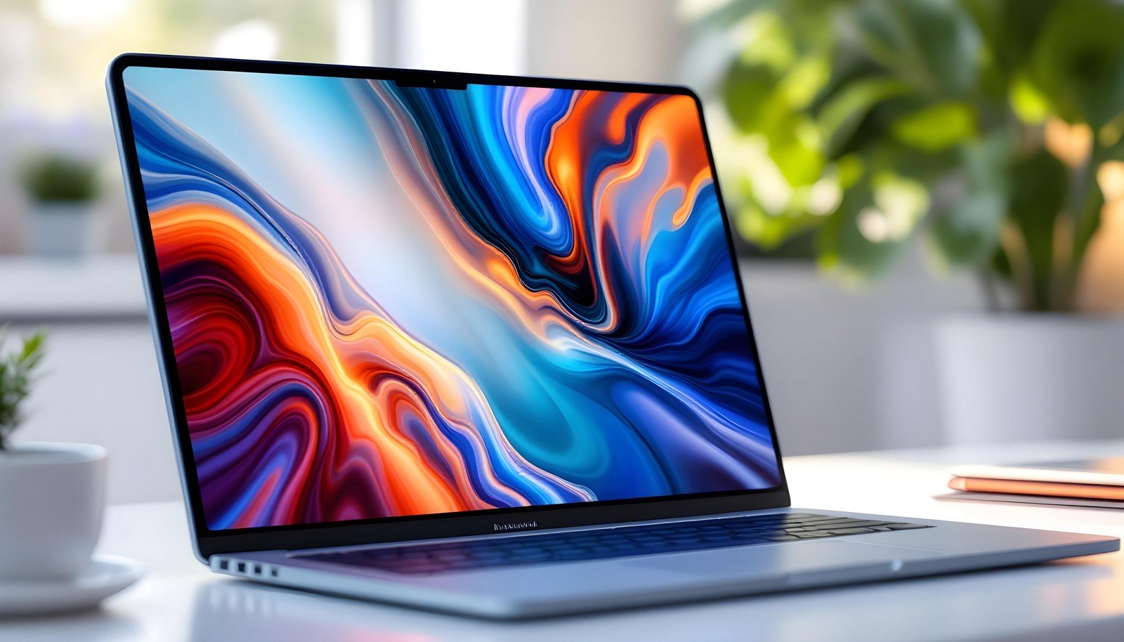 A vibrant Retina Display showcasing colorful, high-resolution visuals on a sleek Apple MacBook, emphasizing sharpness and detail.