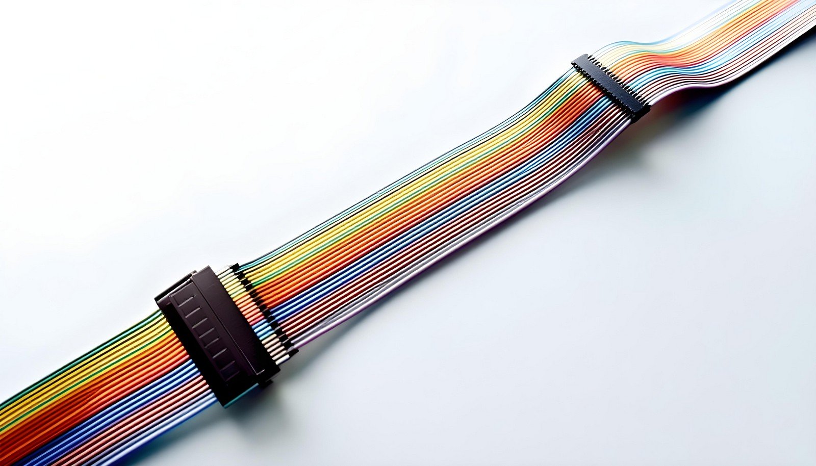 A flat, multi-colored ribbon cable with parallel wires and attached connectors, ideal for compact electronic connections, displayed against a white background.