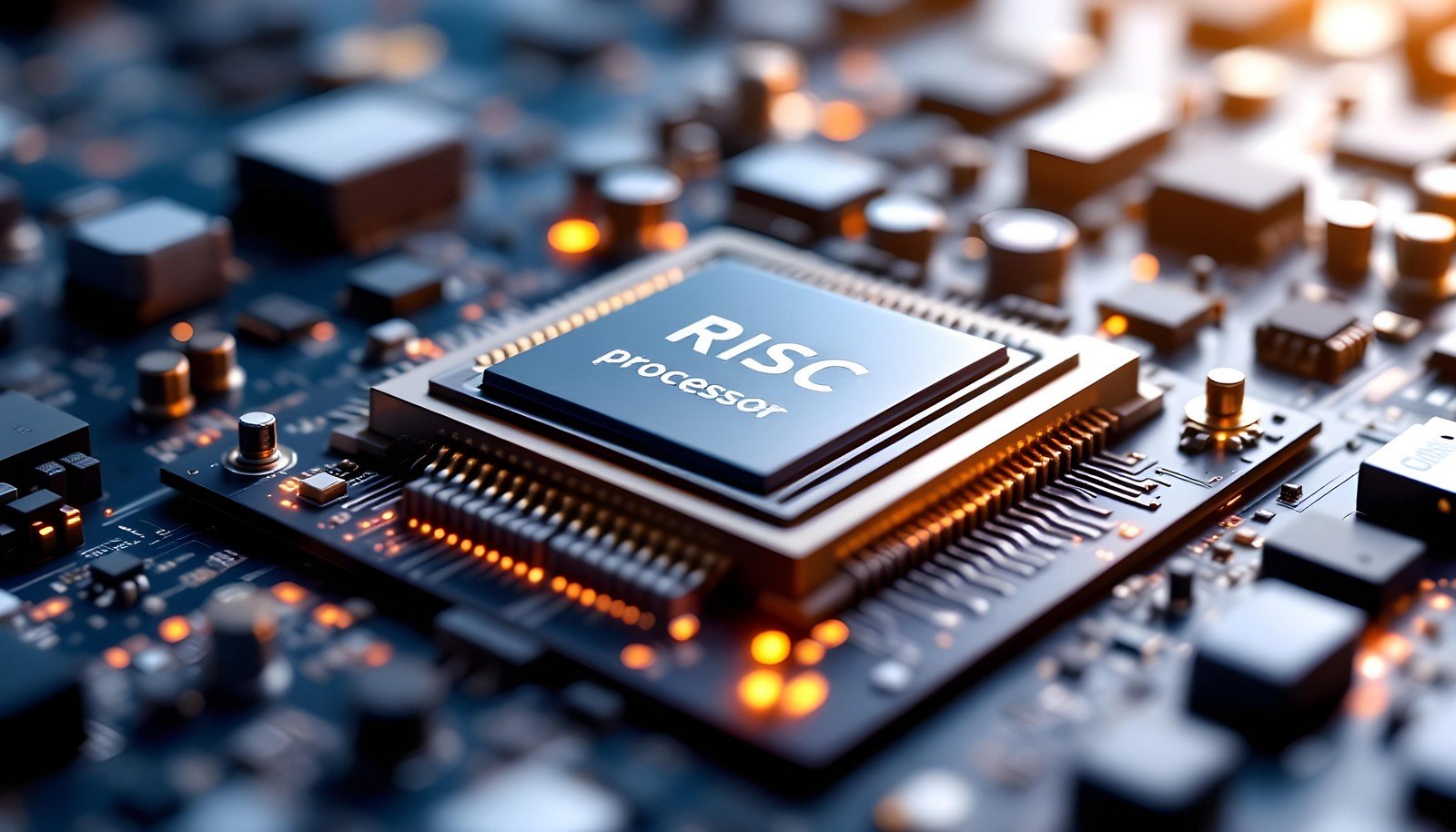 Close-up view of a RISC processor on a modern circuit board, surrounded by electronic components, illustrating advanced microprocessor architecture and technology.