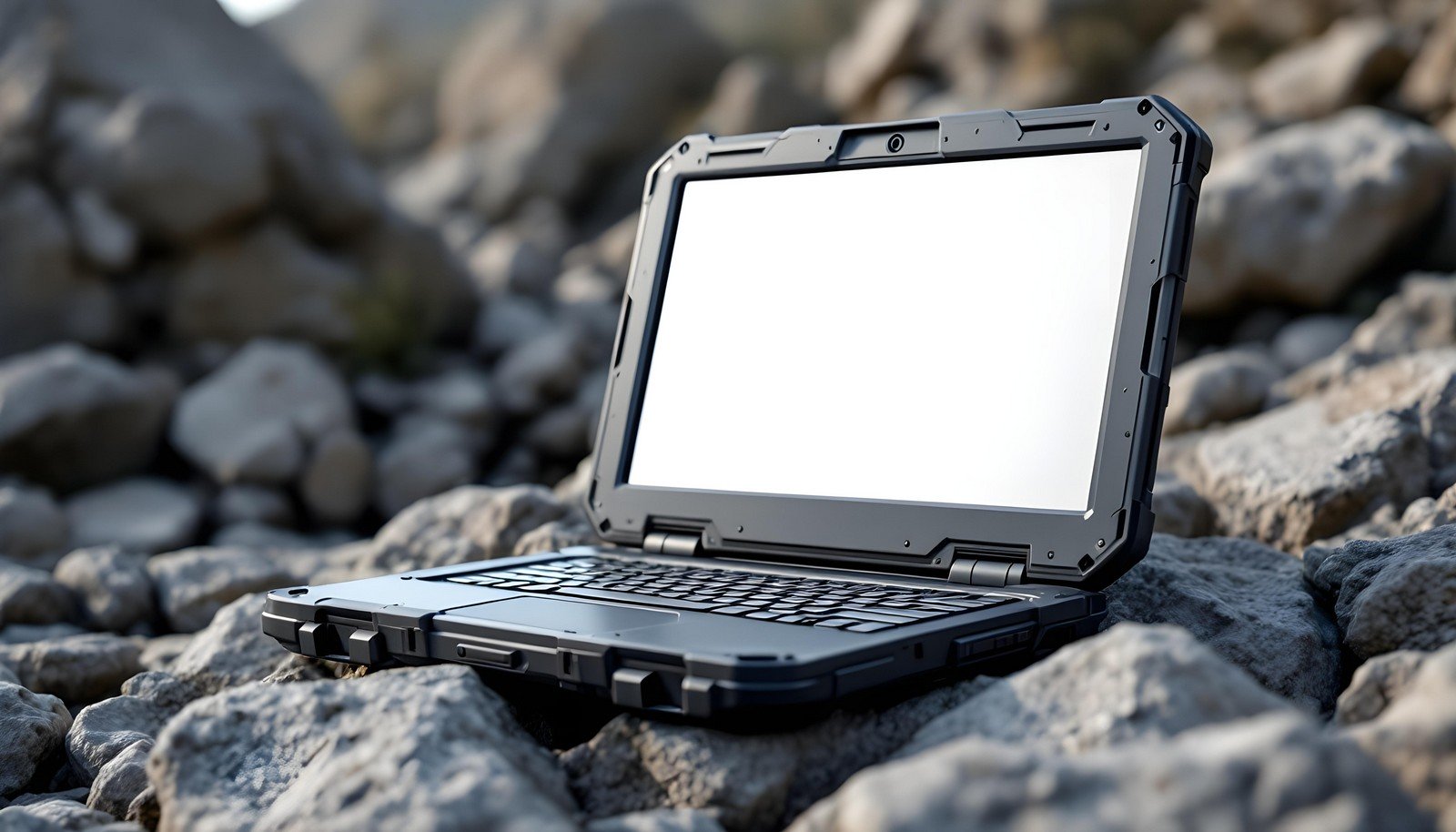 A rugged laptop placed on rocky terrain, emphasizing its durable and weather-resistant design, suitable for harsh outdoor conditions.