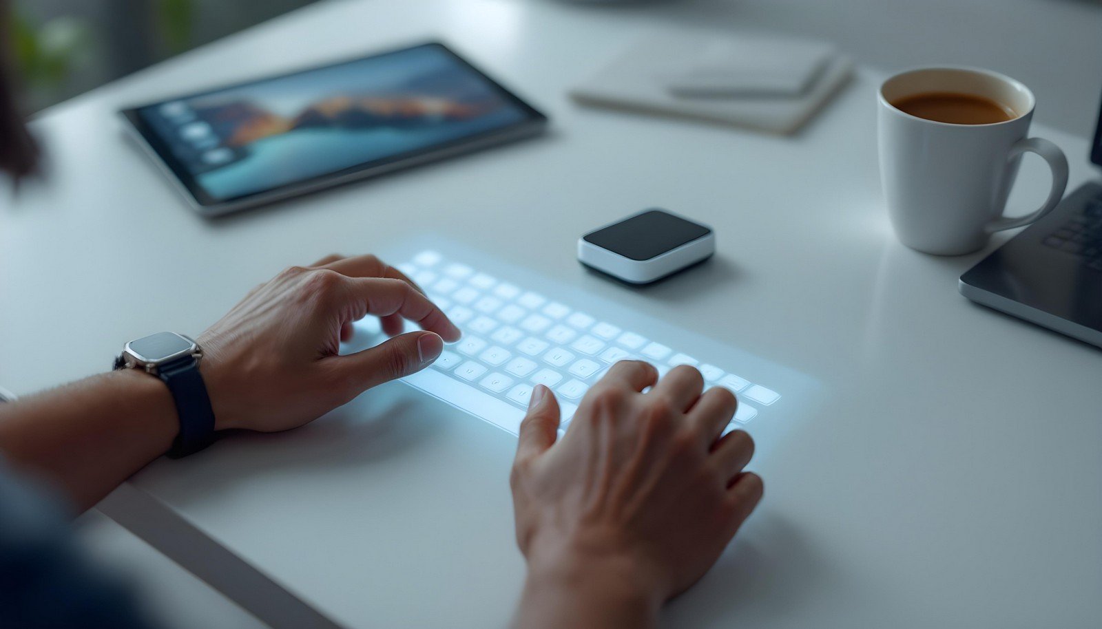 A modern virtual keyboard projected on a white desk, with a user typing on it; surrounded by digital devices including a tablet, coffee mug, and a laptop.