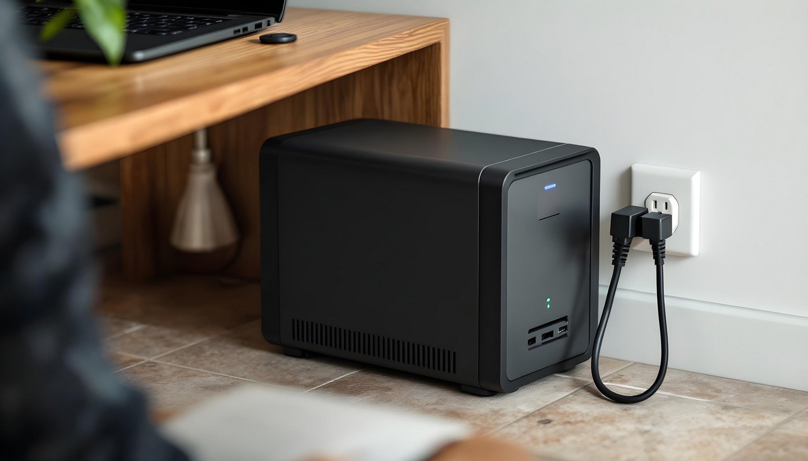 A sleek, black uninterruptible power supply (UPS) placed on the floor under a wooden desk, connected to a power outlet, showcasing its compact and modern design.