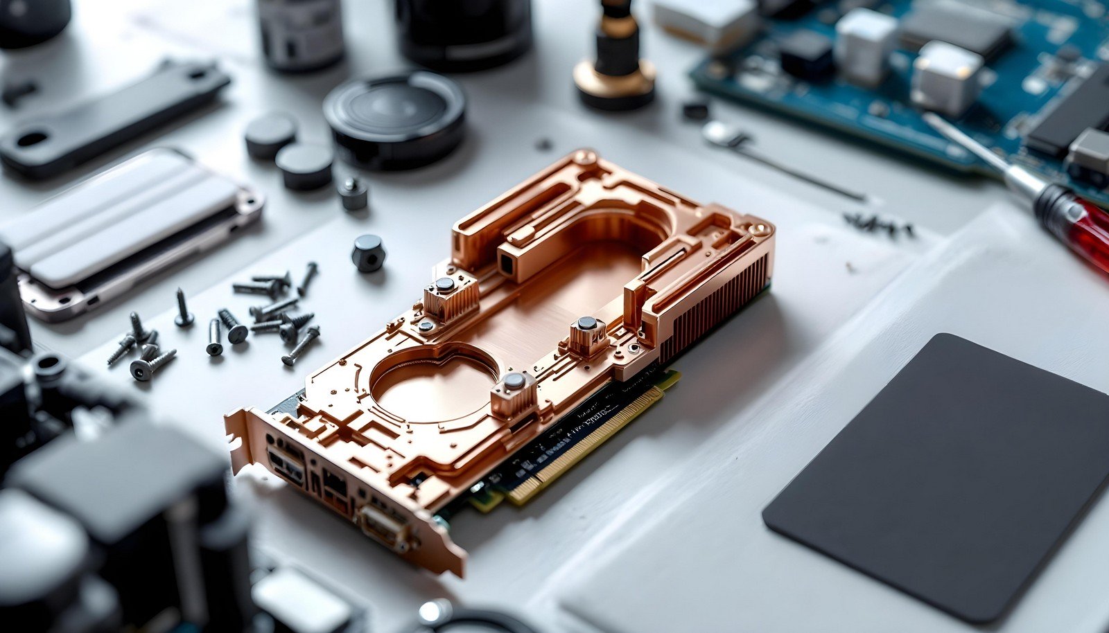 Close-up of a vapor chamber cooler surrounded by various electronic components and tools, showcasing its intricate design and advanced cooling capabilities.