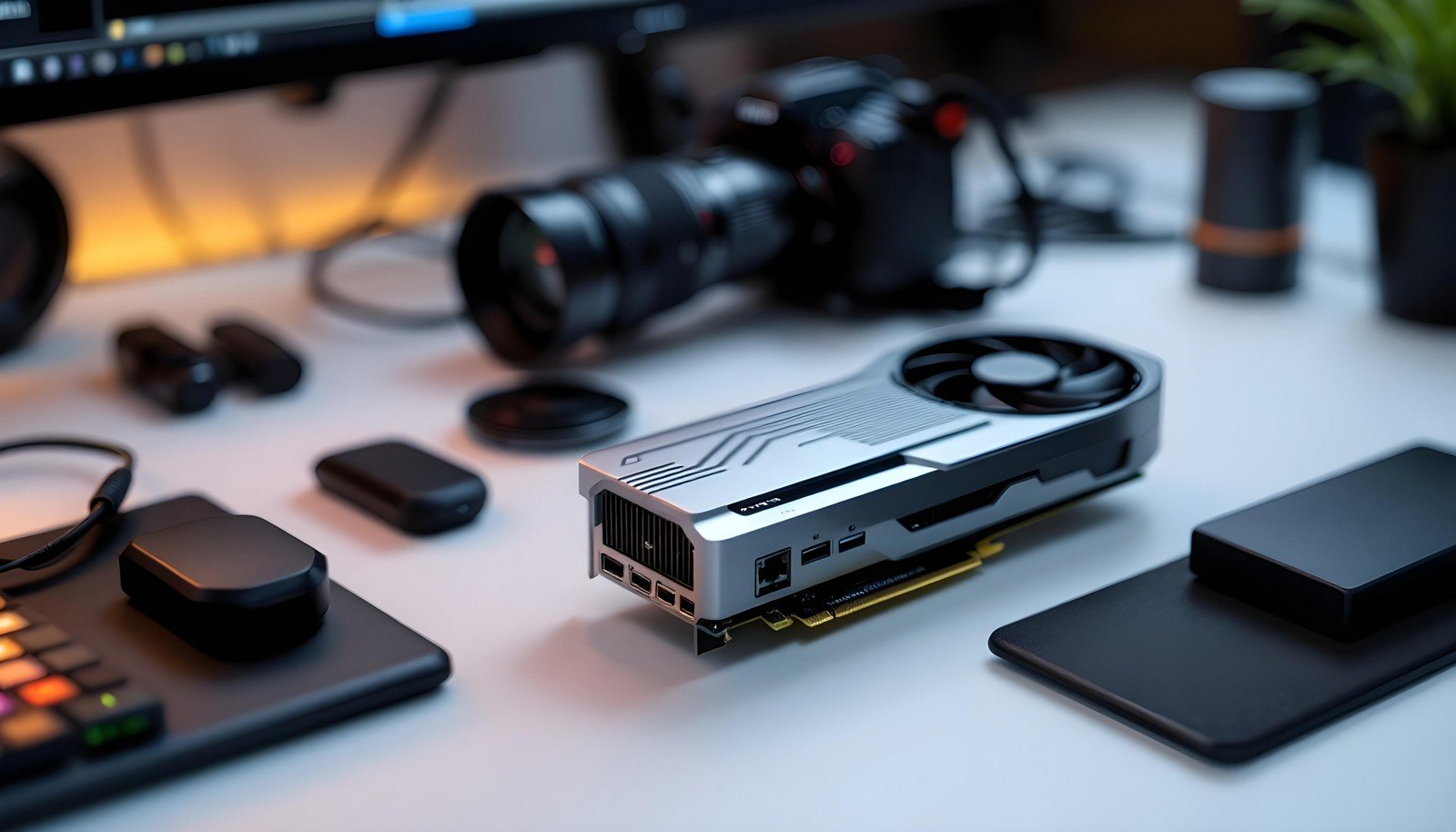 Close-up of a modern video editing card on a workspace desk, surrounded by cameras and editing tools, symbolizing advanced video production technology.