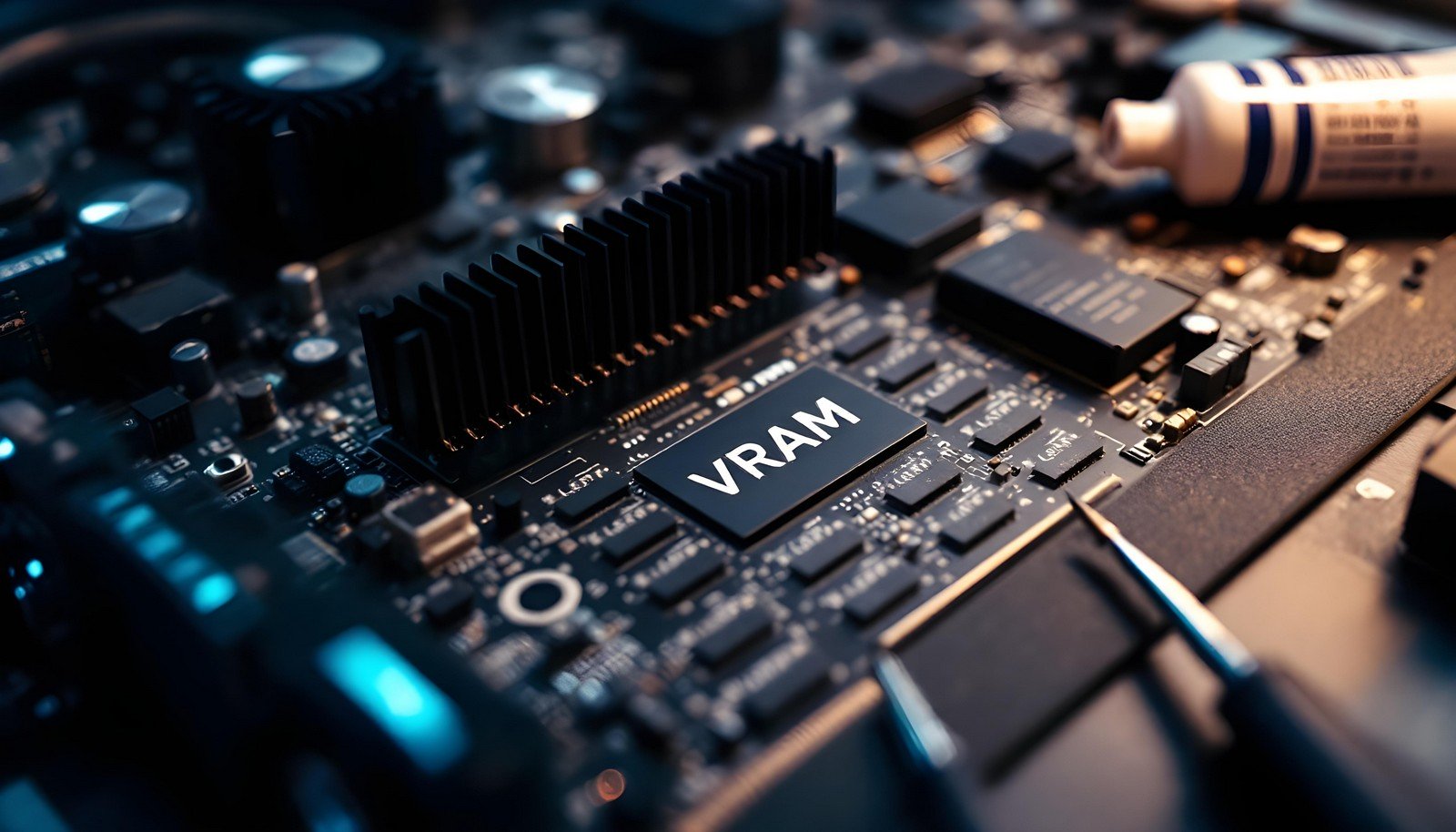 Close-up of a computer circuit board featuring a VRAM chip and surrounding components, illustrating advanced graphical processing hardware.