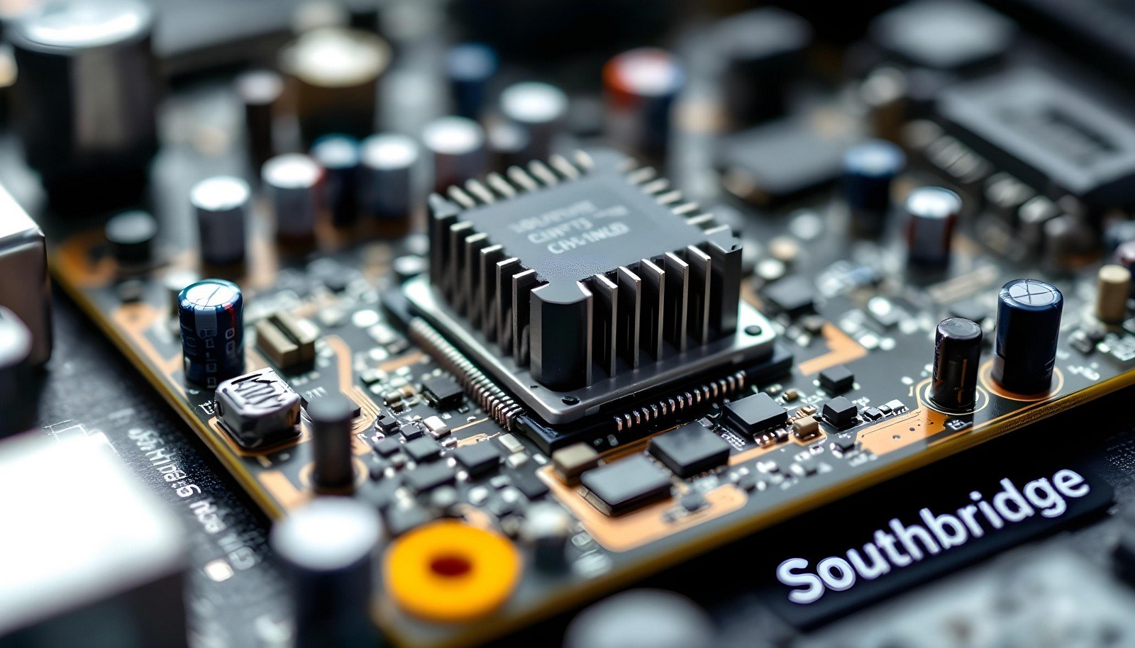 Close-up view of a Southbridge chipset on a computer motherboard, showcasing its detailed circuitry and connections, emphasizing its role in managing peripherals and system I/O.