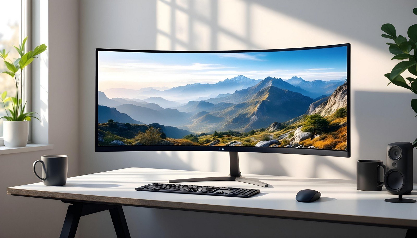 A sleek ultra-wide monitor setup featuring a panoramic mountain landscape on the screen, set on a minimalist desk with a keyboard, mouse, speakers, and plants, demonstrating an ideal workspace.