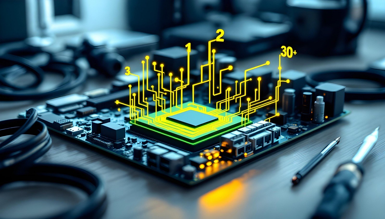 A close-up view of a computer motherboard with visualizations representing unified memory architecture, showcasing the shared interaction between CPU and GPU components for efficient computing.