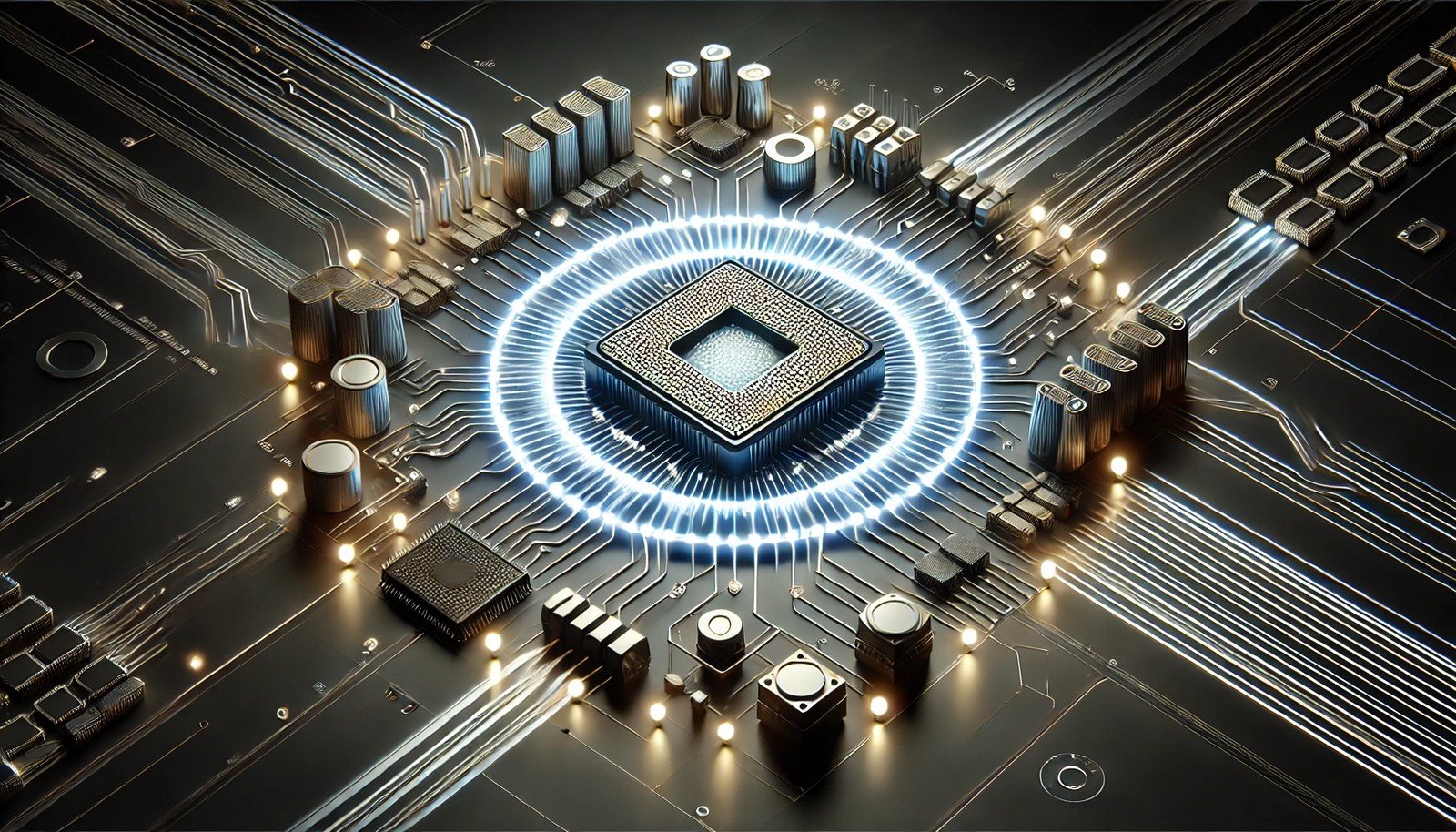 A futuristic 3D illustration of a glowing central core symbolizing a computer kernel, surrounded by abstract representations of hardware components interconnected by luminous pathways, set against a dark background.