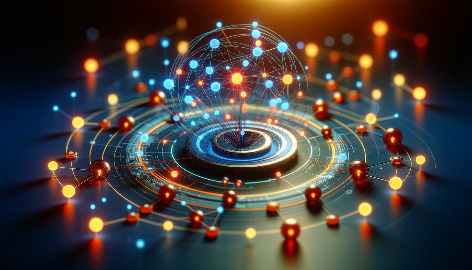 A futuristic 3D illustration showing middleware as a glowing central hub connecting abstract systems with bright nodes and lines, symbolizing seamless communication and integration in distributed software environments.