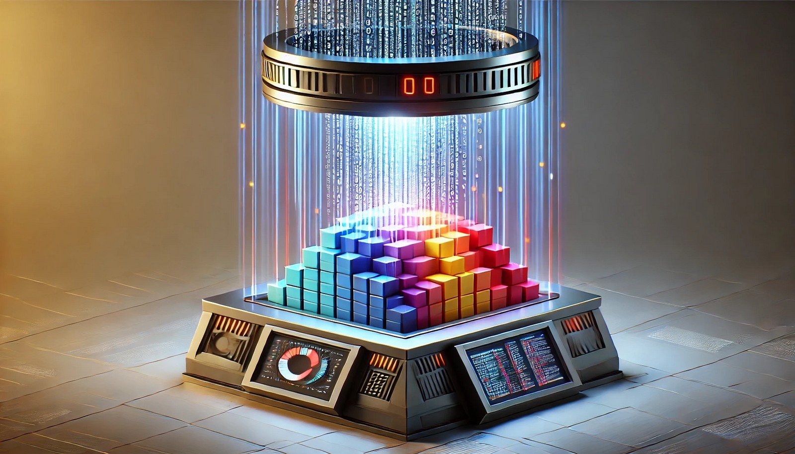 A futuristic machine converting colorful stacks of code blocks into a glowing stream of binary code, set in a modern high-tech environment with a minimalist and innovative aesthetic.