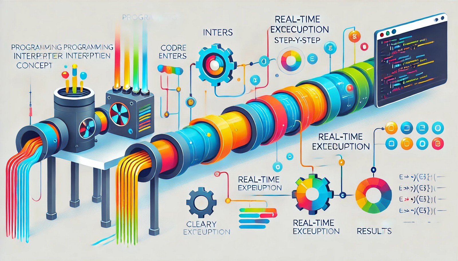 A vibrant and clear illustration depicting the concept of a programming interpreter, with code entering a central mechanism, undergoing step-by-step processing, and transforming into dynamic graphical outputs, emphasizing real-time execution.