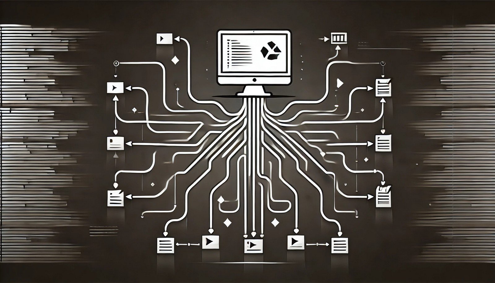 A minimalist illustration showcasing asynchronous programming, featuring a central computer with multiple sleek lines dynamically branching out, representing independent task flows, on a modern and clean background.