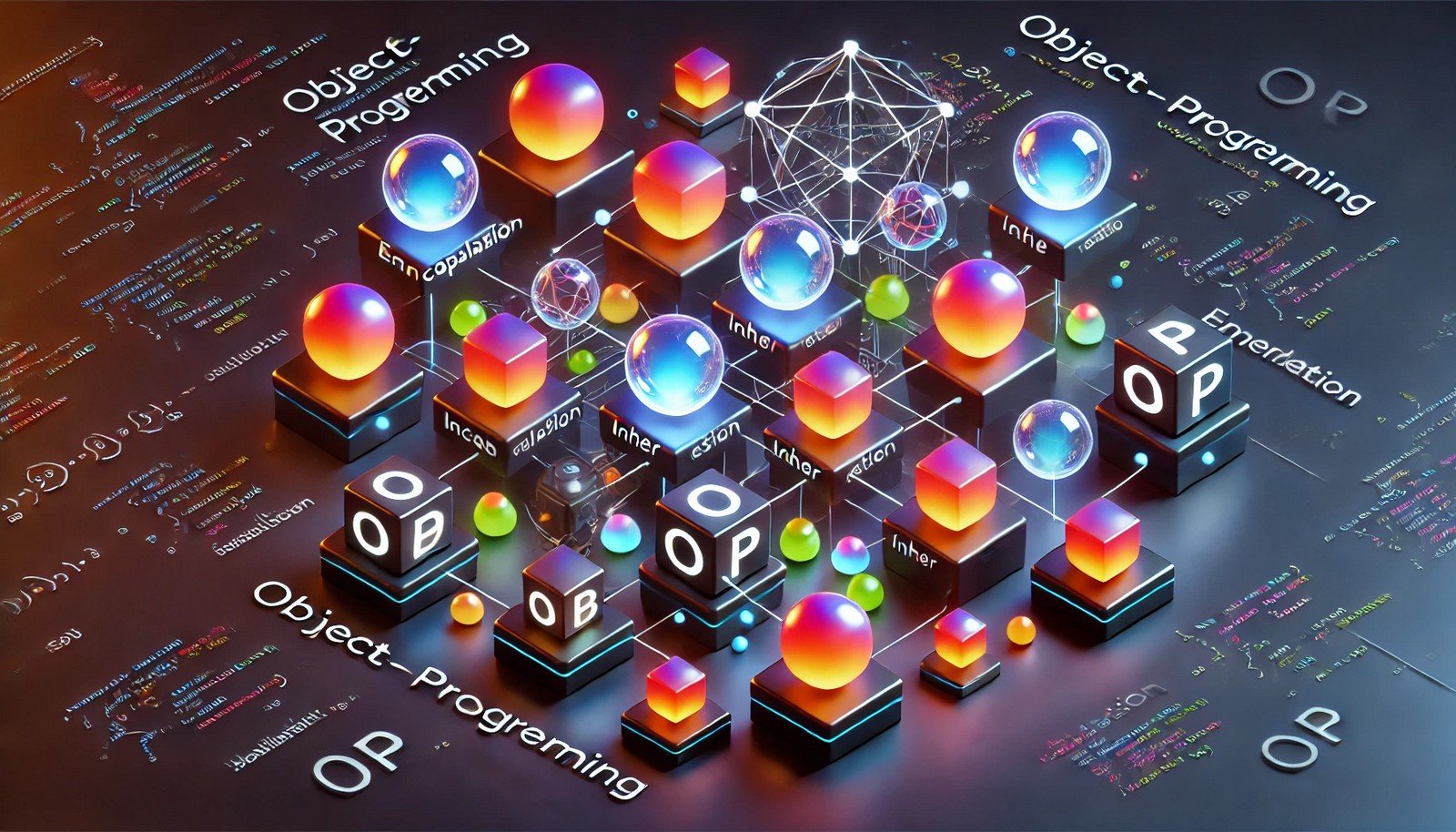 A conceptual depiction of Object-Oriented Programming featuring 3D spheres and cubes interconnected with glowing lines, representing encapsulation, inheritance, and modularity, on a dark background with vibrant accents.