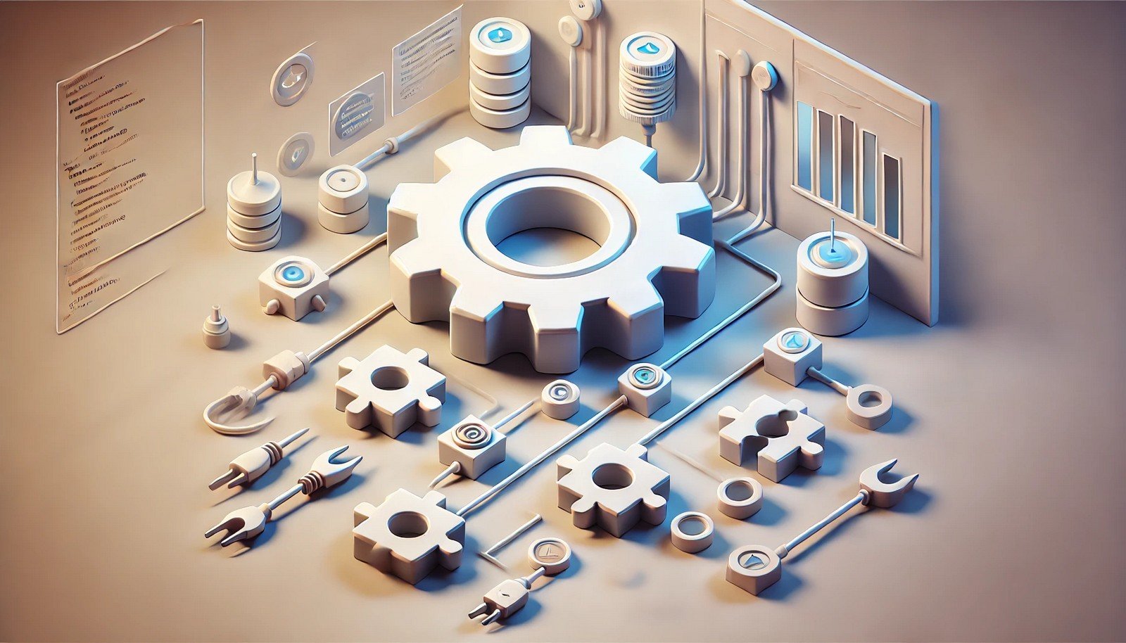 An abstract illustration of Dependency Injection featuring a central cogwheel connected to external components through pipelines and plugs, symbolizing modularity and decoupling in software systems.