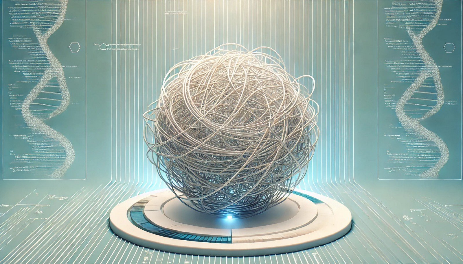 A minimalist illustration showing a tangled ball of wires being straightened into neat, parallel lines, symbolizing code refactoring, with soft lighting and a futuristic background emphasizing transformation.