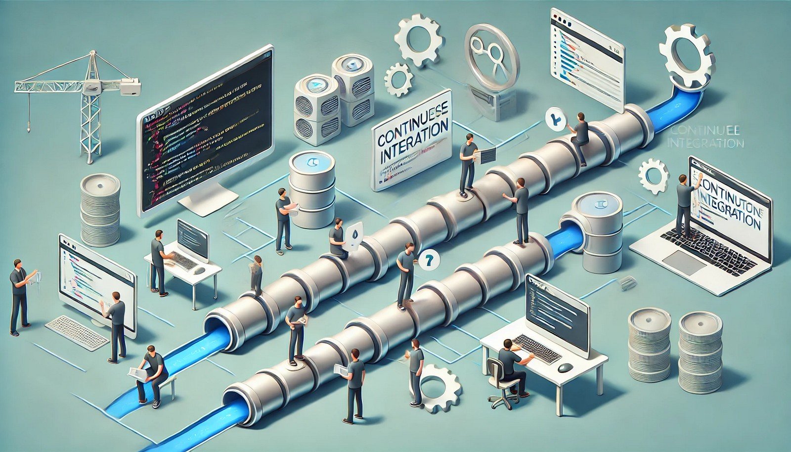 A streamlined visual of Continuous Integration showing developers contributing code to a pipeline, with automated tools validating the input and delivering an output, emphasizing collaboration and process efficiency in software development.