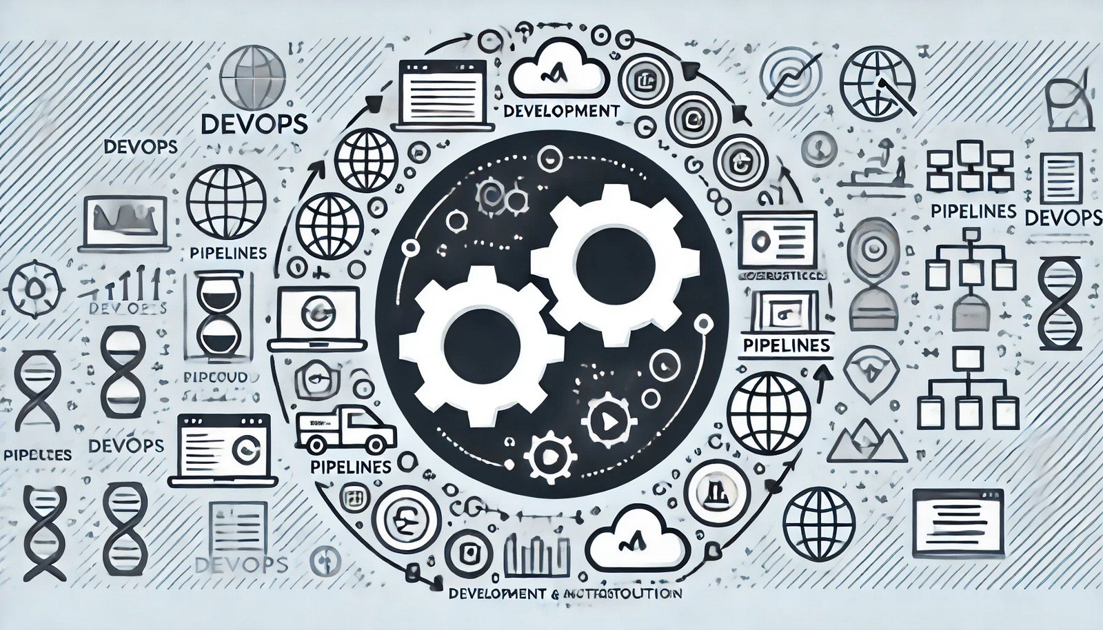 An illustration of DevOps showing two interlinked gears symbolizing development and operations, surrounded by icons of pipelines, cloud infrastructure, code repositories, and monitoring tools in a circular layout.