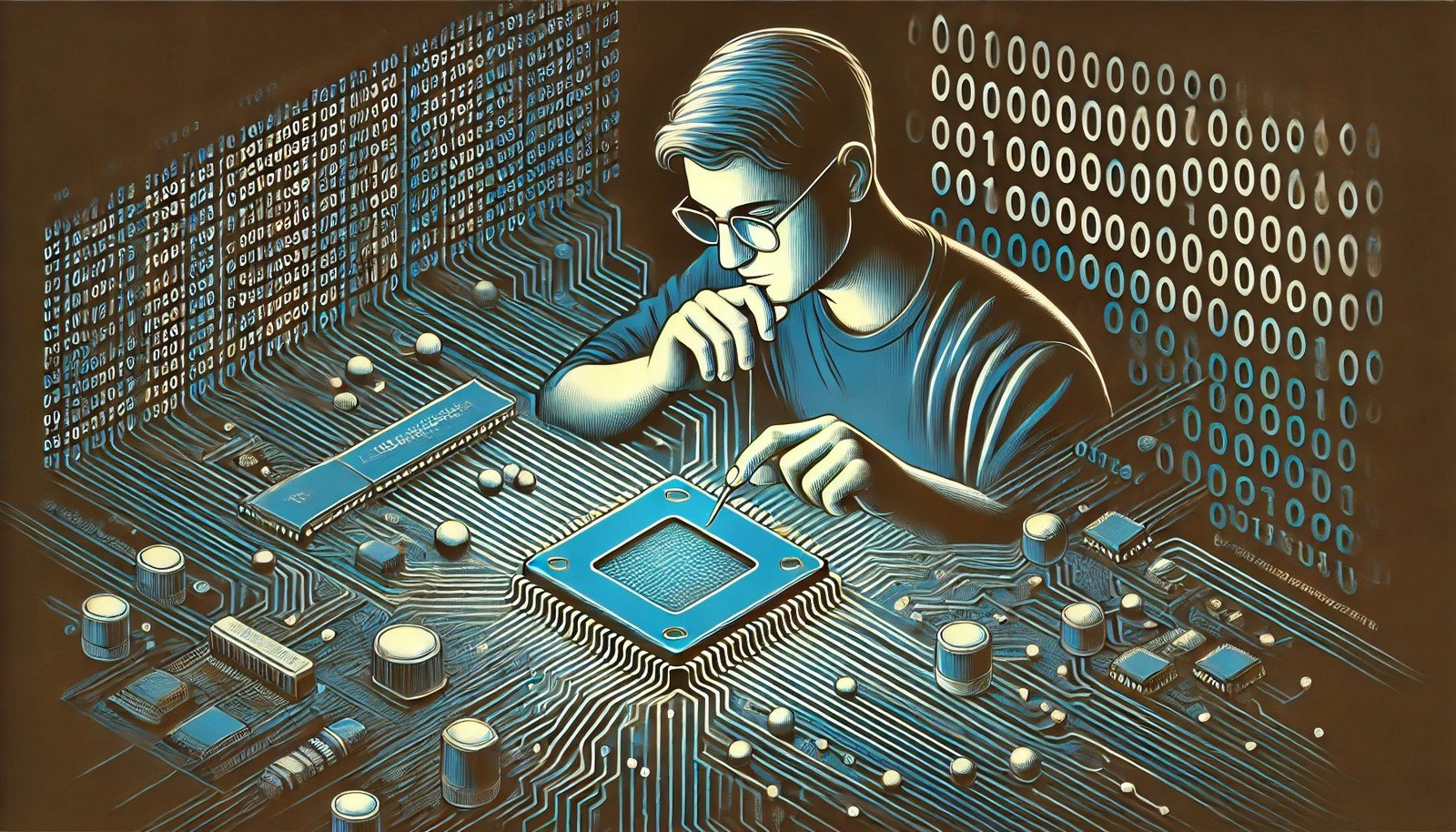  A digital illustration showing a programmer interacting with hardware components like a processor and circuits, surrounded by binary code and assembly language, symbolizing low-level programming concepts with a clean design.