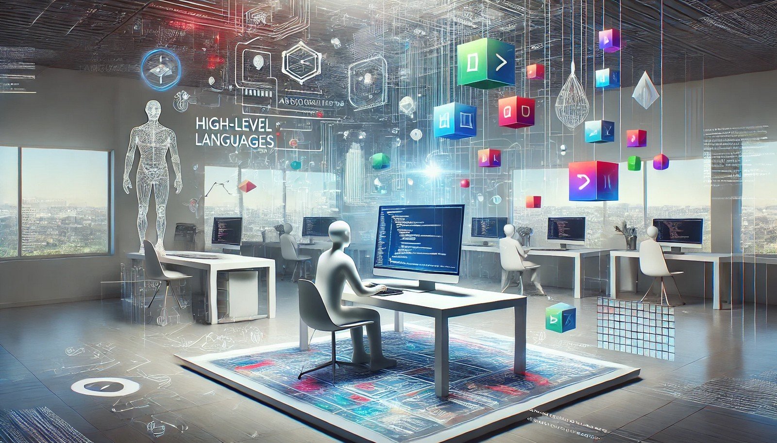 A modern illustration of a programmer in a futuristic workspace surrounded by colorful abstract blocks and circuits symbolizing high-level programming and abstraction, conveying creativity and technology.