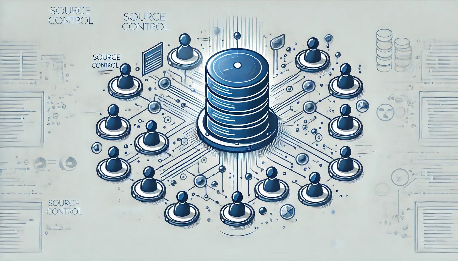 An abstract illustration of source control, showing multiple nodes representing developers connected to a central hub through lines, symbolizing collaboration, version tracking, and integration in a modern style.