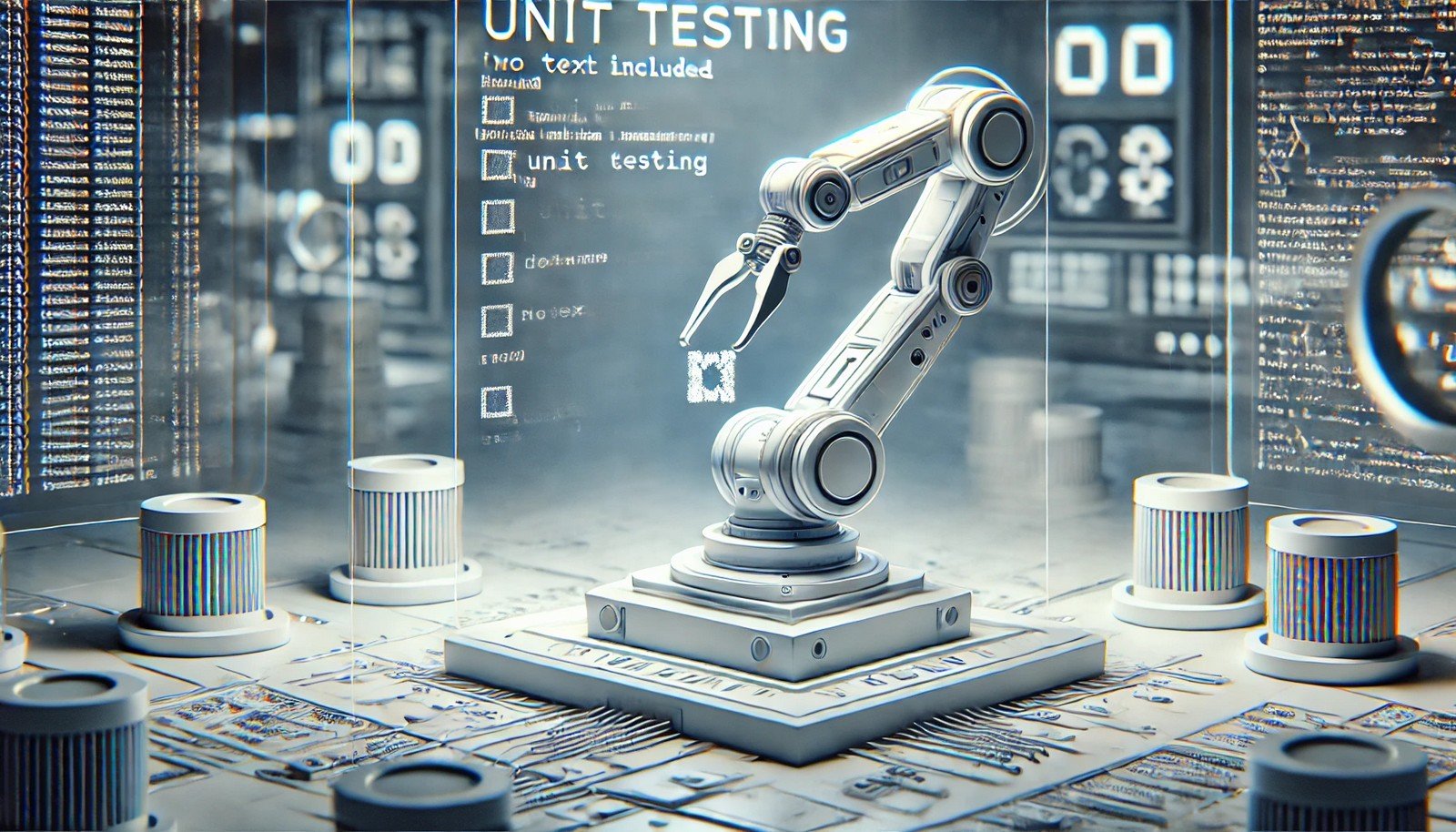 A futuristic robotic arm tests isolated blocks of code in a clean, high-tech environment, symbolizing unit testing in software development with precision and automation.