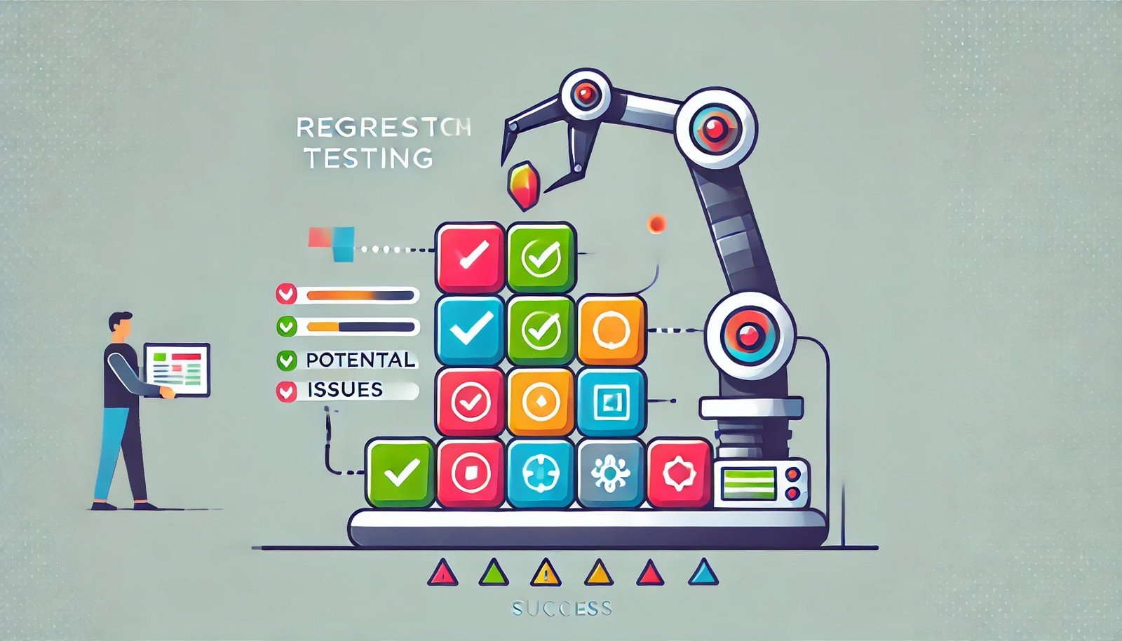 A robotic arm carefully places a block onto a stack representing software. Symbols like green checkmarks and red warnings visually show successful tests and issues, emphasizing regression testing concepts.