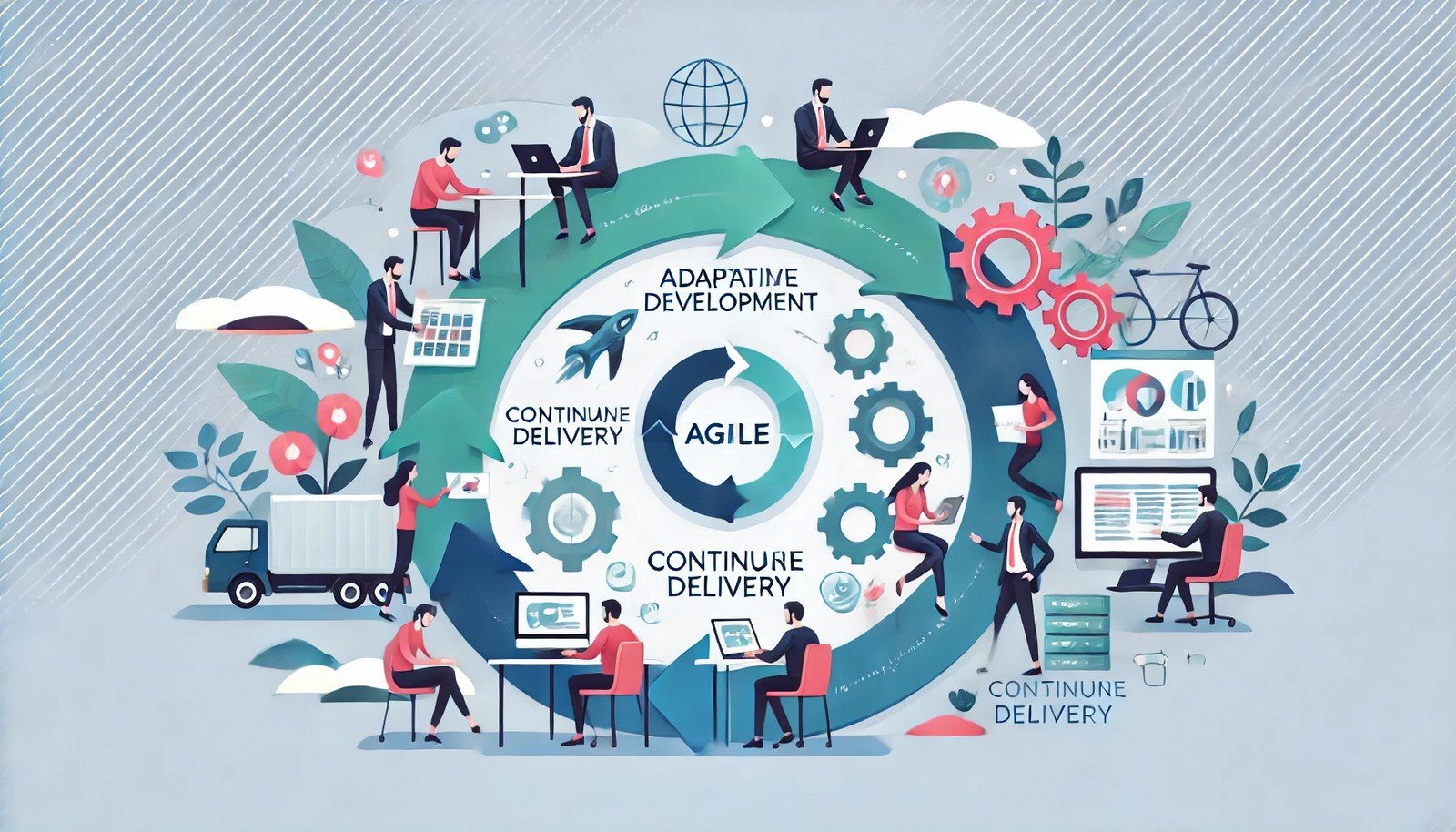 A professional 16:9 illustration of Agile Methodology showing a team collaborating in a circular workflow with iterative steps like planning, development, testing, and review, emphasizing teamwork and adaptability.