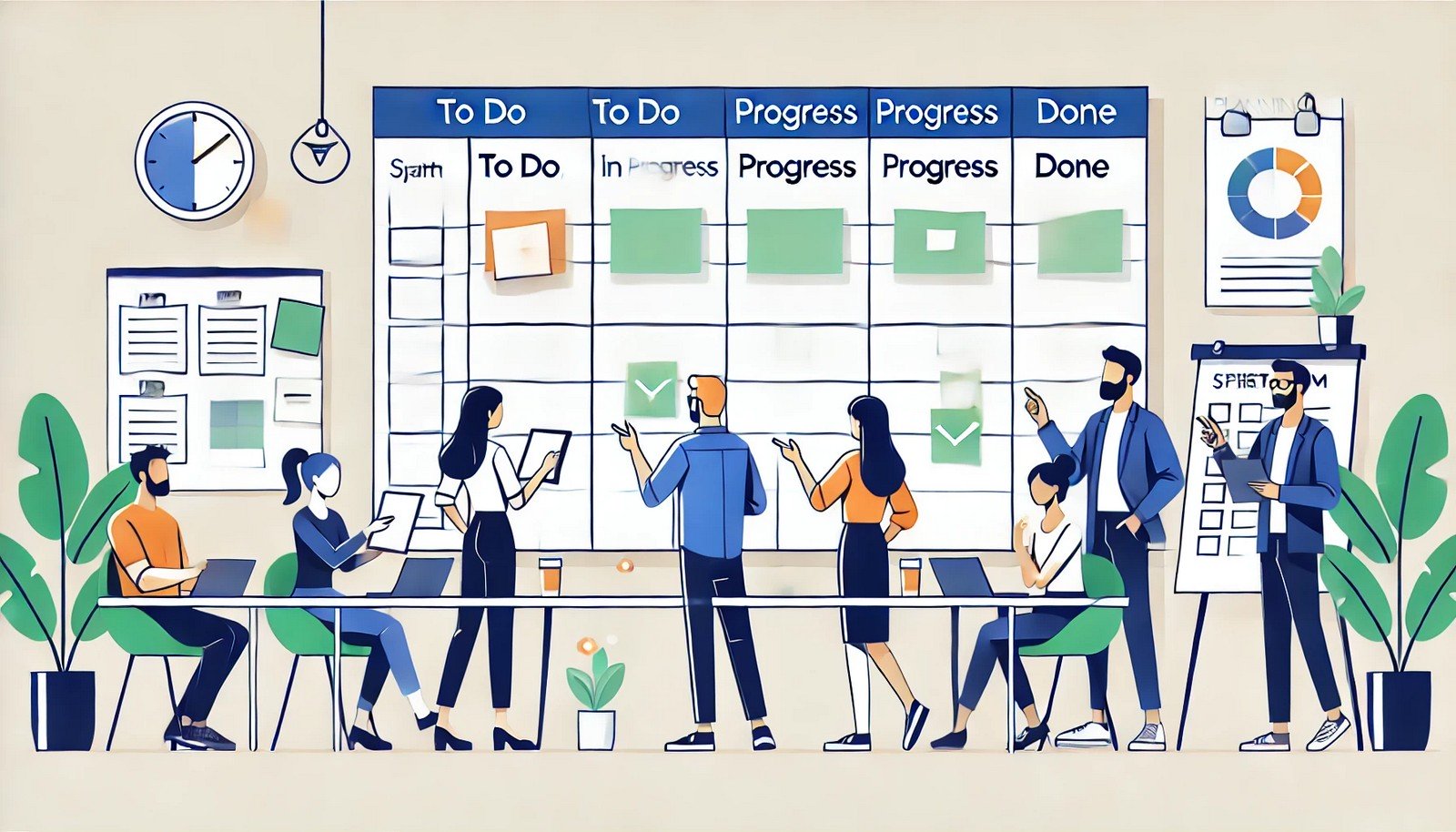 A diverse Scrum team collaborates around a task board with columns for "To Do," "In Progress," and "Done." The minimalist illustration emphasizes teamwork, with members discussing and organizing tasks.