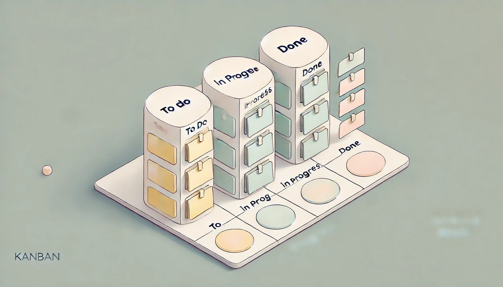 A clean, pastel-colored Kanban board with three columns visually representing "To Do," "In Progress," and "Done," showcasing task cards in each section. Minimalist design with no text.